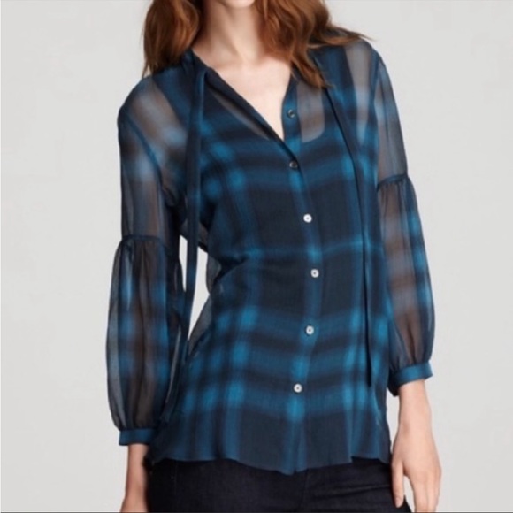 Burberry Tops - Burberry Brit Petrol Blue Checkered Sheer Silk Blouse Size XS